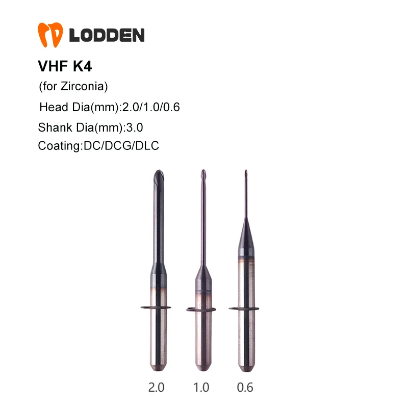 Dental Milling Burs VHF K4 for Zirconia DC/DCG/DLC Coating 2.0 1.0 0.6 Dental Lab CAD/CAM Diamond D3 Cutting Tools