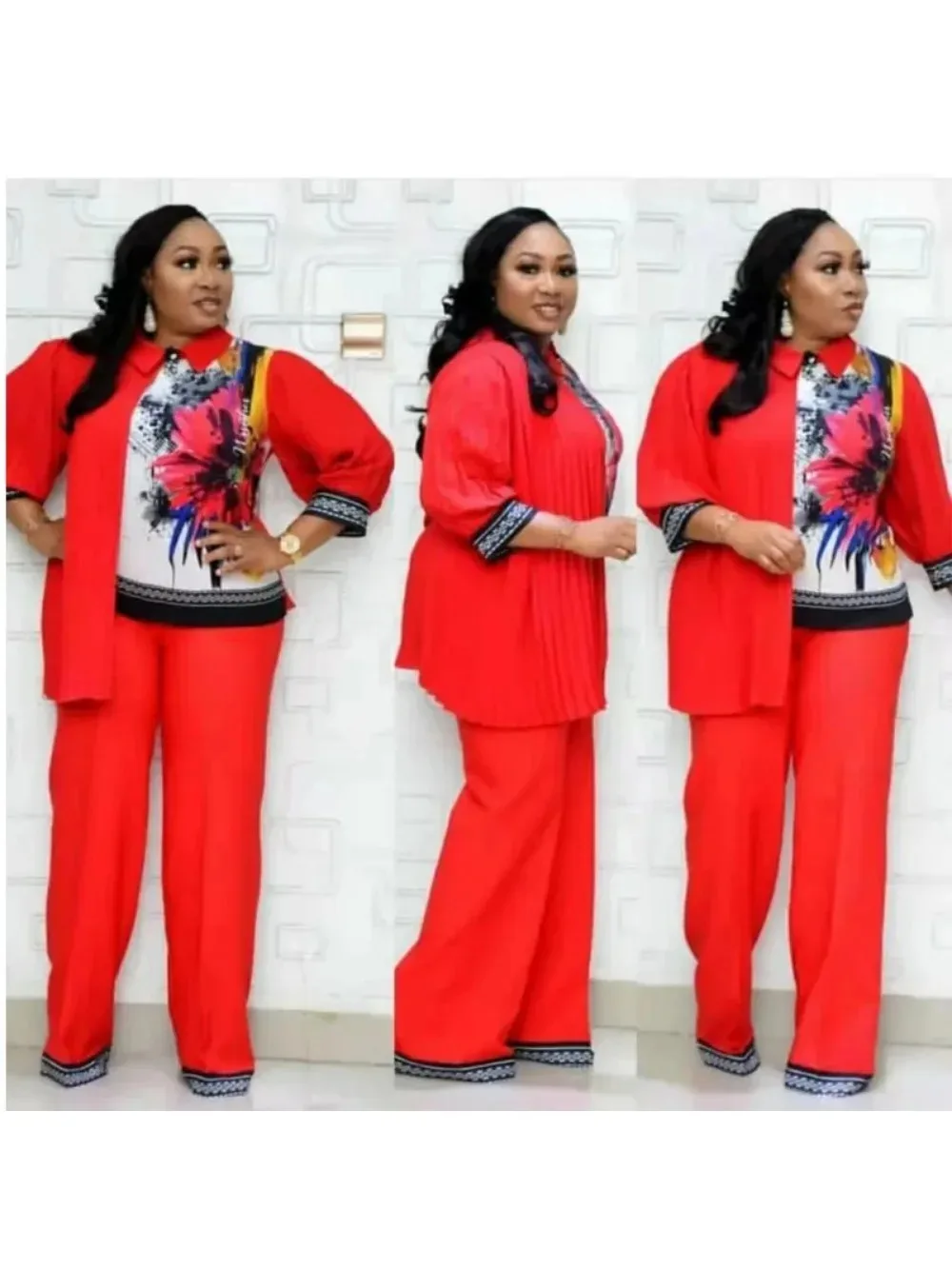 African Fashion Two-piece Set - Chic Top and High Waisted Wide Leg Pants Set - Casual, Comfortable, Suitable for Daily Wear