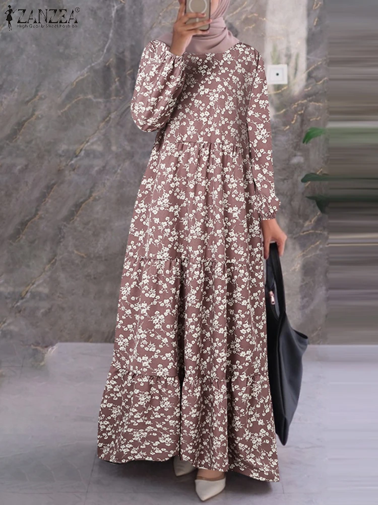 Elegant Women Long Sleeve Floral Printed Dress ZANZEA 2024 Autumn Sundress Fashion Muslim Abaya Dress Islamic Clothing Vestidos