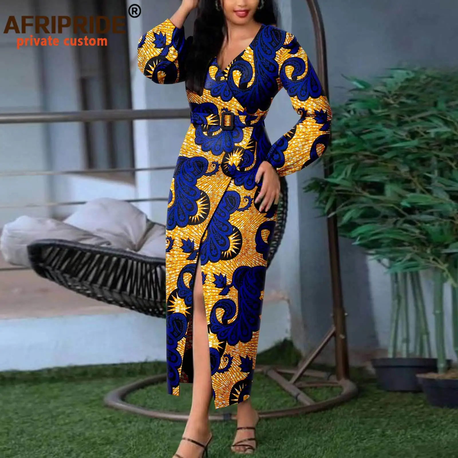 African Print Dresses for Women V-neck Long Sleeve High Waist Elegant Dress with Belt Ankara Clothes Dress Floral Wear A2225035