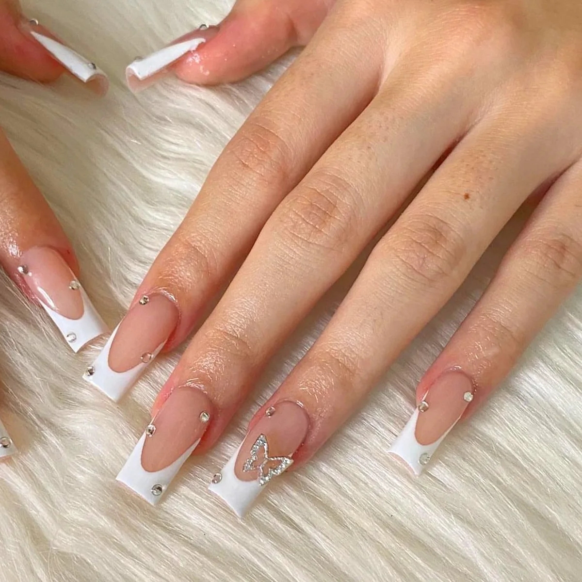 24Pcs Wearable Fake Nails Sets Square Head Aurora French False Nail Press on Patch with Sweet Love Pearl Decor Nails for Women