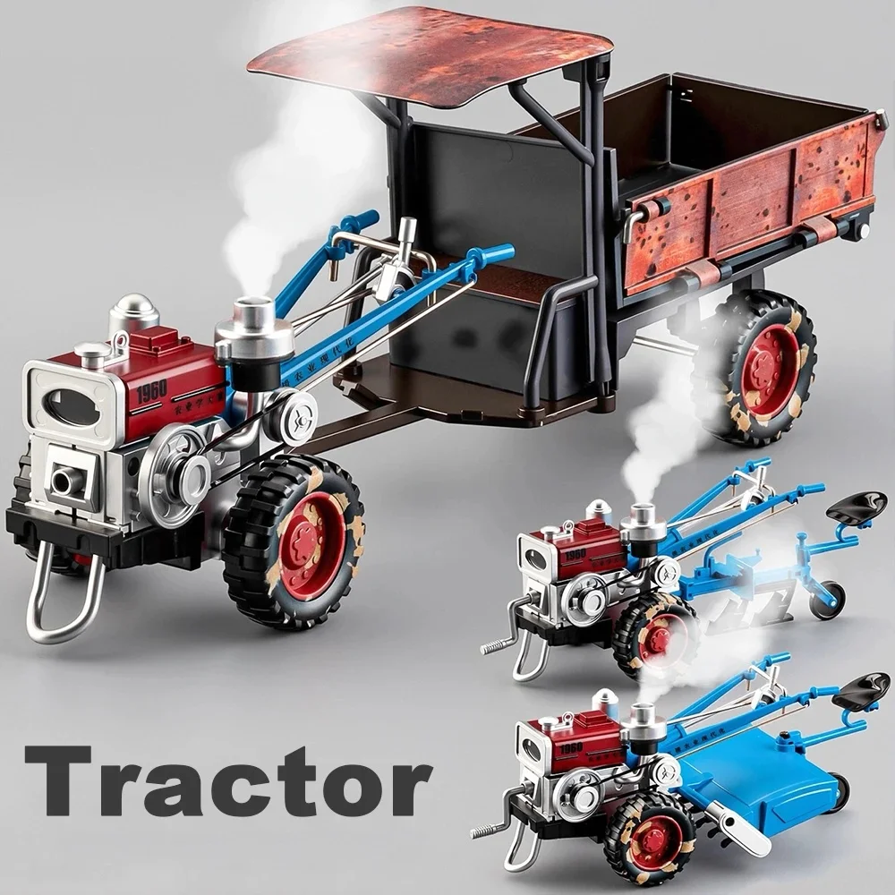 รถไถเดินตามแบบย้อนยุค 1:32 ของเล่นรถโมเดลโลหะผสมหล่อขึ้นรูป มีเสียง มีไฟ ฟังก์ชั่นปรับแต่ง ของขวัญวันเกิดสำหรับเด็ก