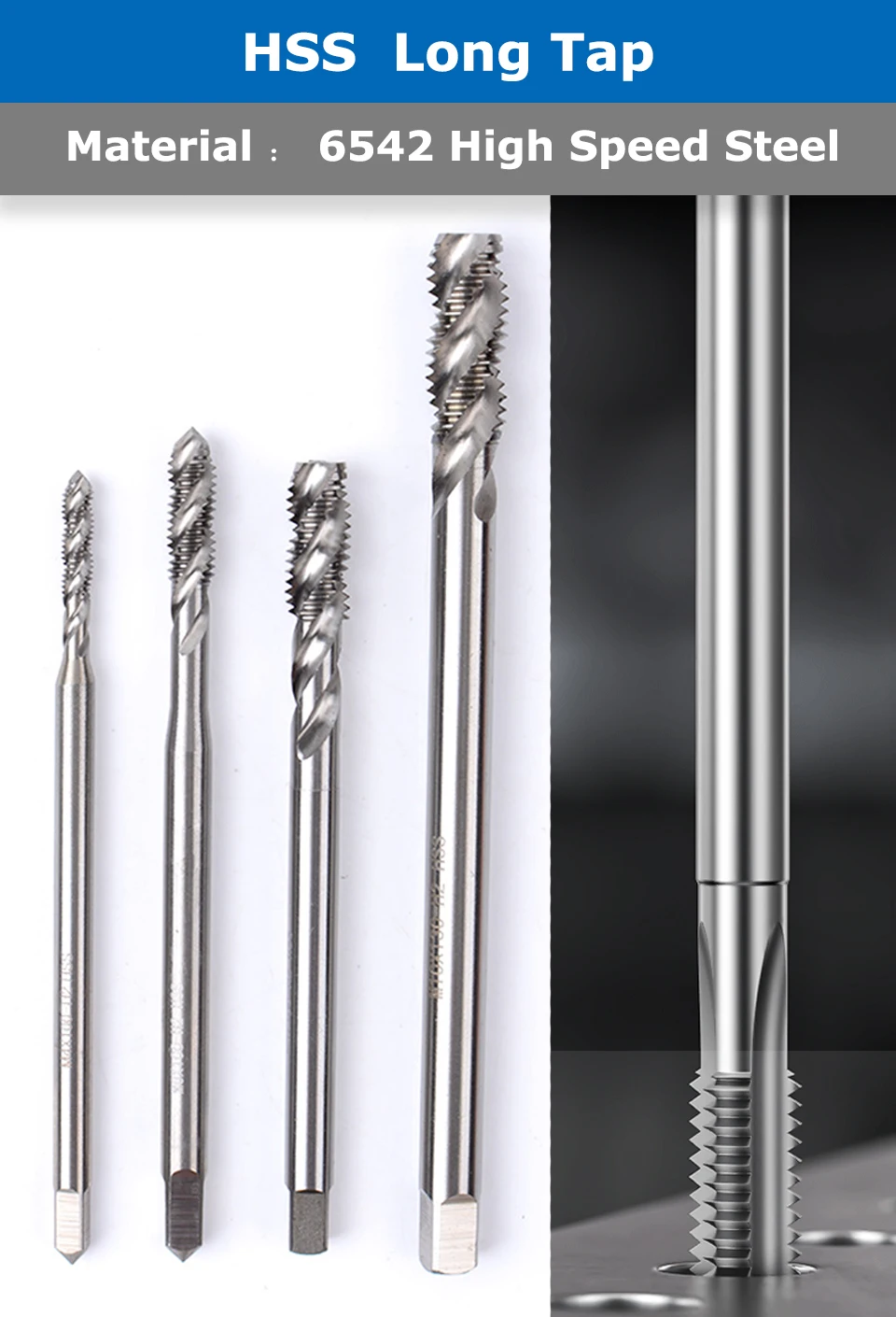 HSS-Gewindebohrer mit verlängertem langem Schaft M2-M33, metrische Spiralnutgewindebohrer, 100, 120, 130, 150, 160, 200, 250 mm Länge, für tiefes Loch für Metall – Detail 1