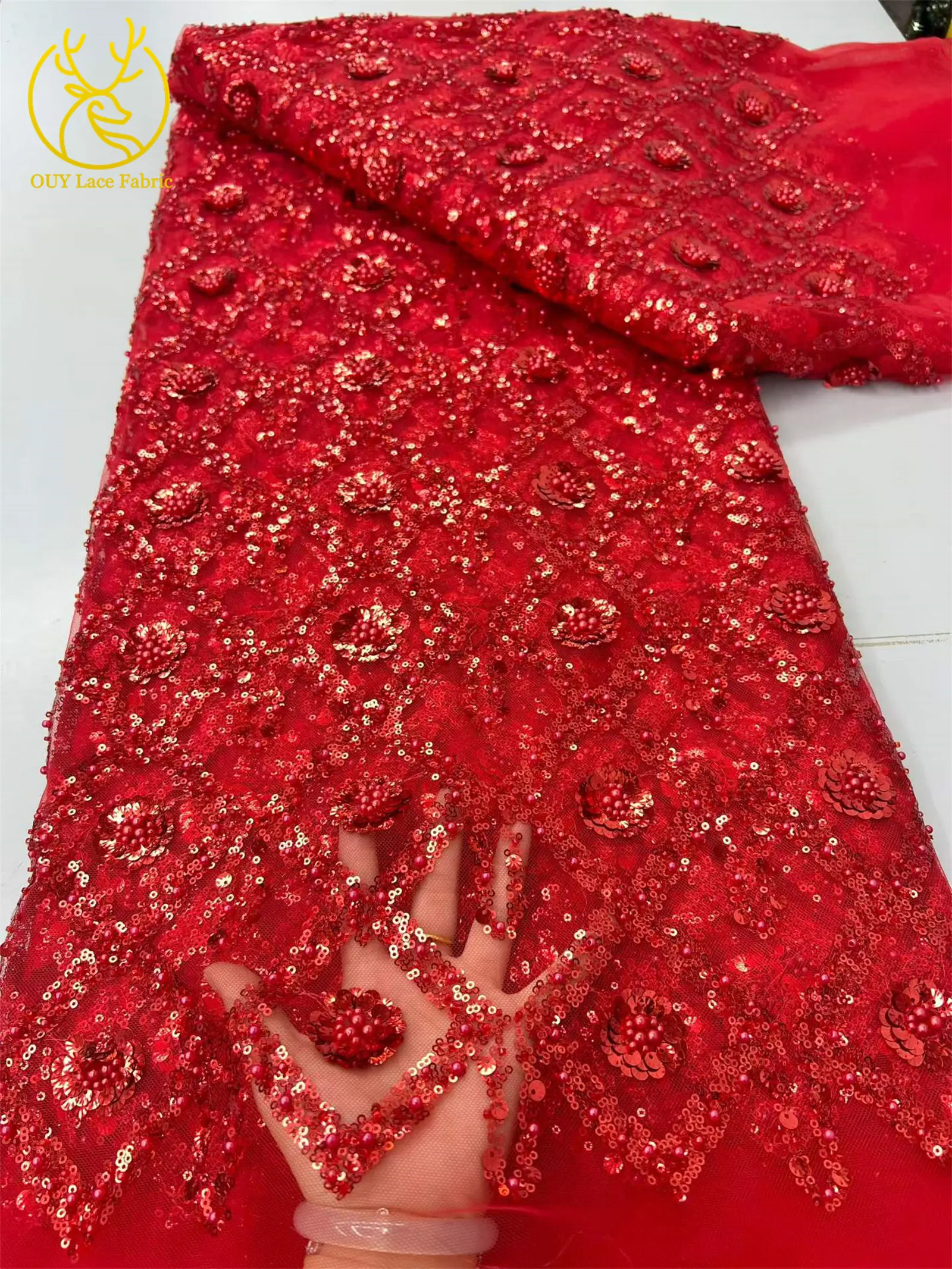 Roter exquisiter afrikanischer Pailletten-Tüll-Spitzenstoff 2026 – Hochwertiger mexikanischer Perlen-Tüll-Mesh-Spitzenstoff für Hochzeits- und Ballkleider zum Nähen – Detail 13
