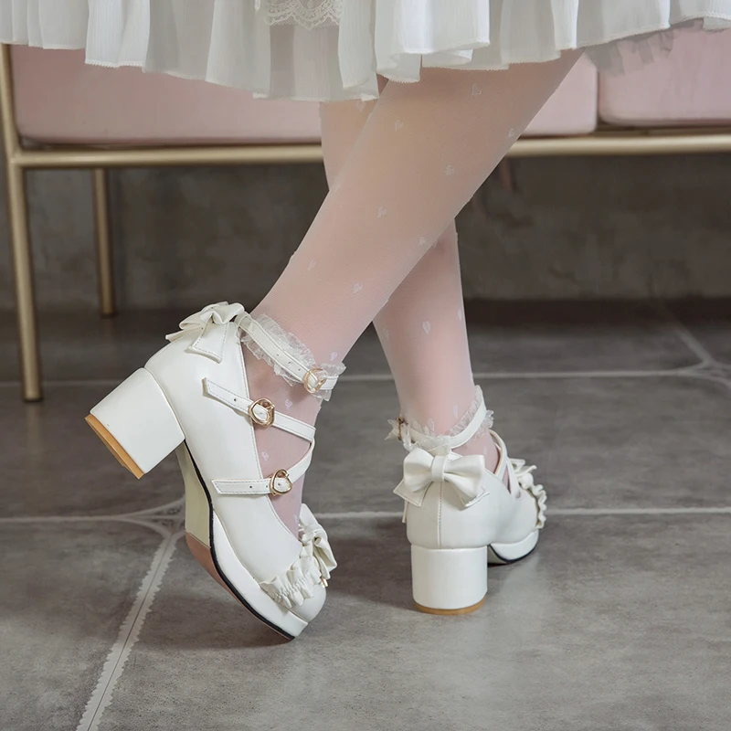 

White round Head Thick Heel High Heels Knot Daily Lo Shoes Small Leather Shoes Medium Heel Lolita Wedding Shoes