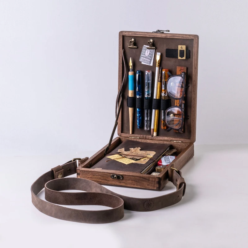 Writers Messenger Wood Box,Multi-Function Artist Tool and Brush Storage Box,Retro Wooden Handmade Portable Crossbody Postman Bag