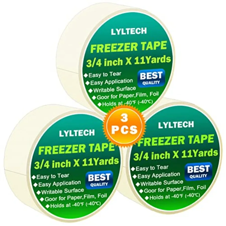 LLYLTECH Crepe Paper Freezer Tape 3 Rolls x 3/4in x16yd 48yd Tape, 1.5in Core, Low Temp Resistant, Writable, Easy Tear and Resi