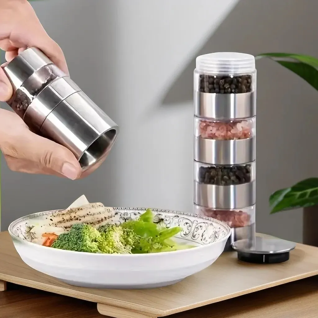 1pc 5in1 Pepper Grinder, Salt And Pepper Ginder, Stainless Steel Spice Grinder, Multi-layer Manual Pepper Mill, Spice Crusher