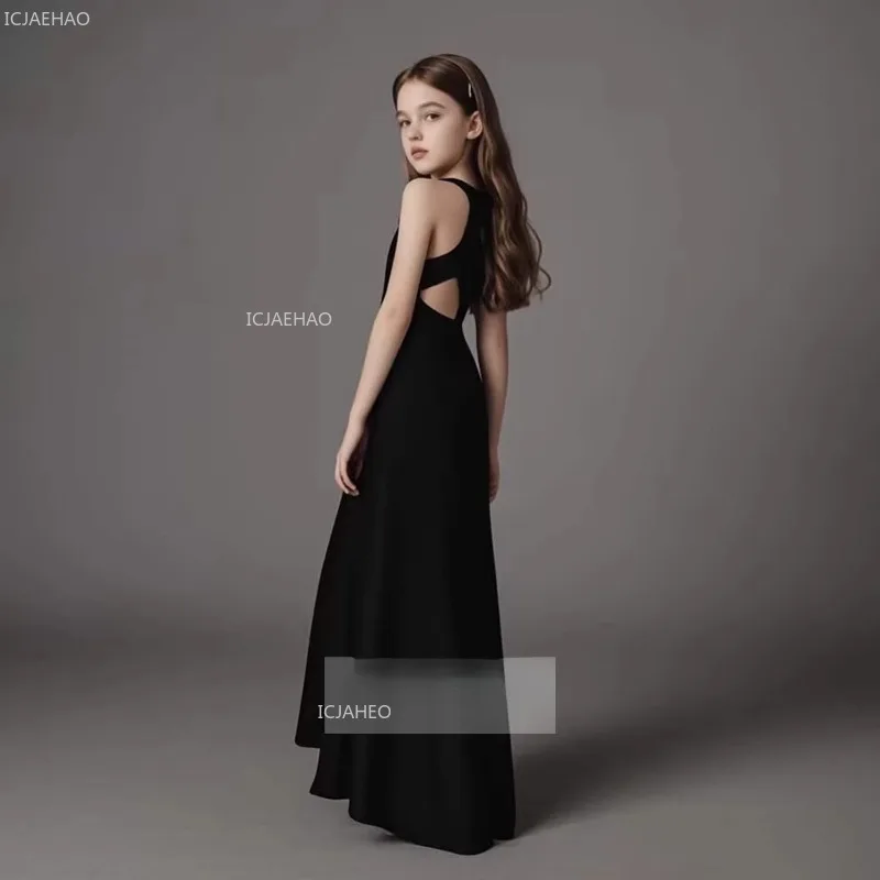 Kids Girls Black Pageant Party Host Costume Model Runway Flower Evening Dress Gown for Piano Recital Performance Girl Children