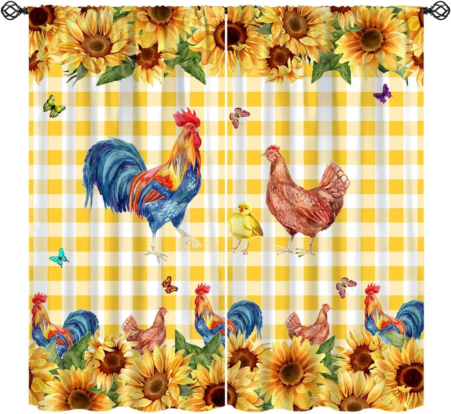 Sunflower Rooster Curtain 2 Panels, Yellow White Gingham Farm Animal Butterfly Print, Drapes for Kitchen Country Decor Curtain