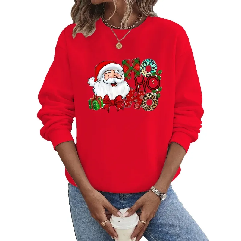 크루넥 후드 크리스마스 긴팔 핫 산타클로스 프린트 스웨트셔츠 스트리트웨어 여성 스웨트셔츠 의류