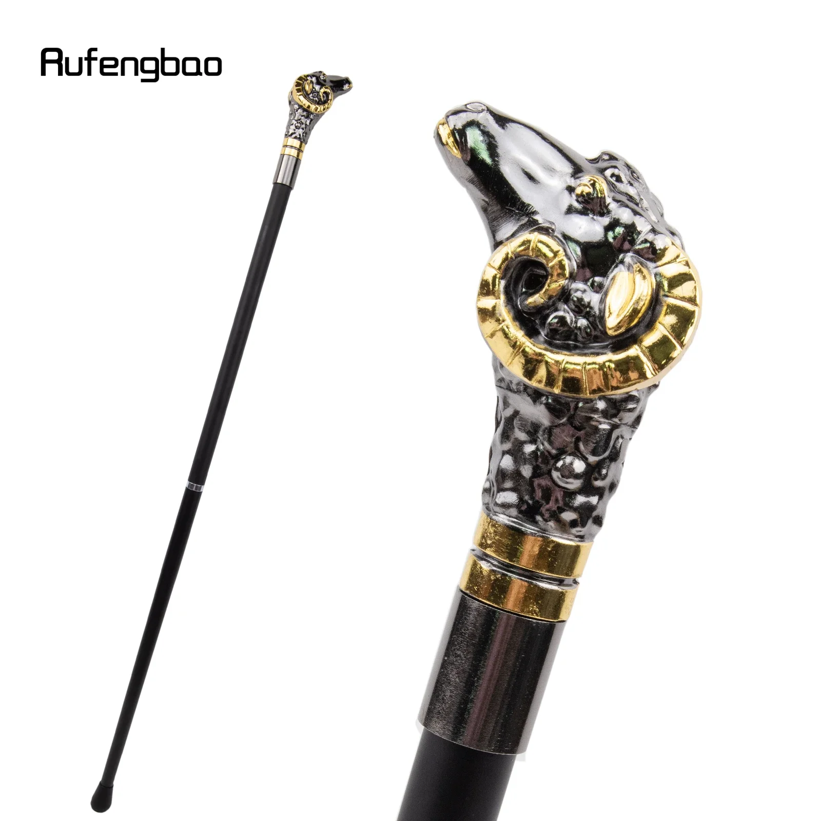 

Golden Black Goat Sheep Luxury Walking Stick Party Fashion Elegant Walking Stick Decorative Cospaly Cane Knob Crosier 90cm