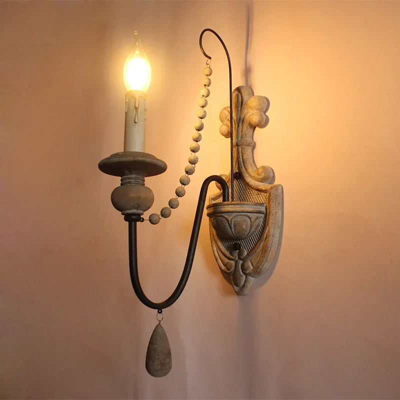 Retro Wall Sconce Solid Wood French Style Cordless Rechargeable Light for Living Room Bedroom Bedside Aisle Stairs Decor