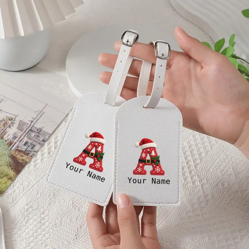 Personalized Custom Name Christmas Santa Hat 26 Initial Letter Luggage Tag PU Leather Suitcase Baggage Label Travel Gift