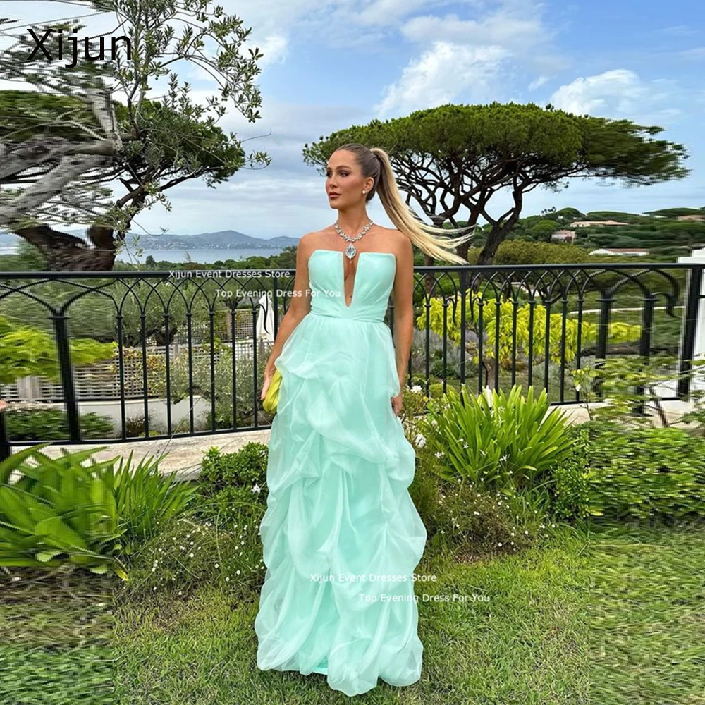 Xijun Mint Green Organza Long Evening Dresses Tiered Sleeveless Prom Dresses Formal Pleats Ruched Prom Gowns 2024 Women Party