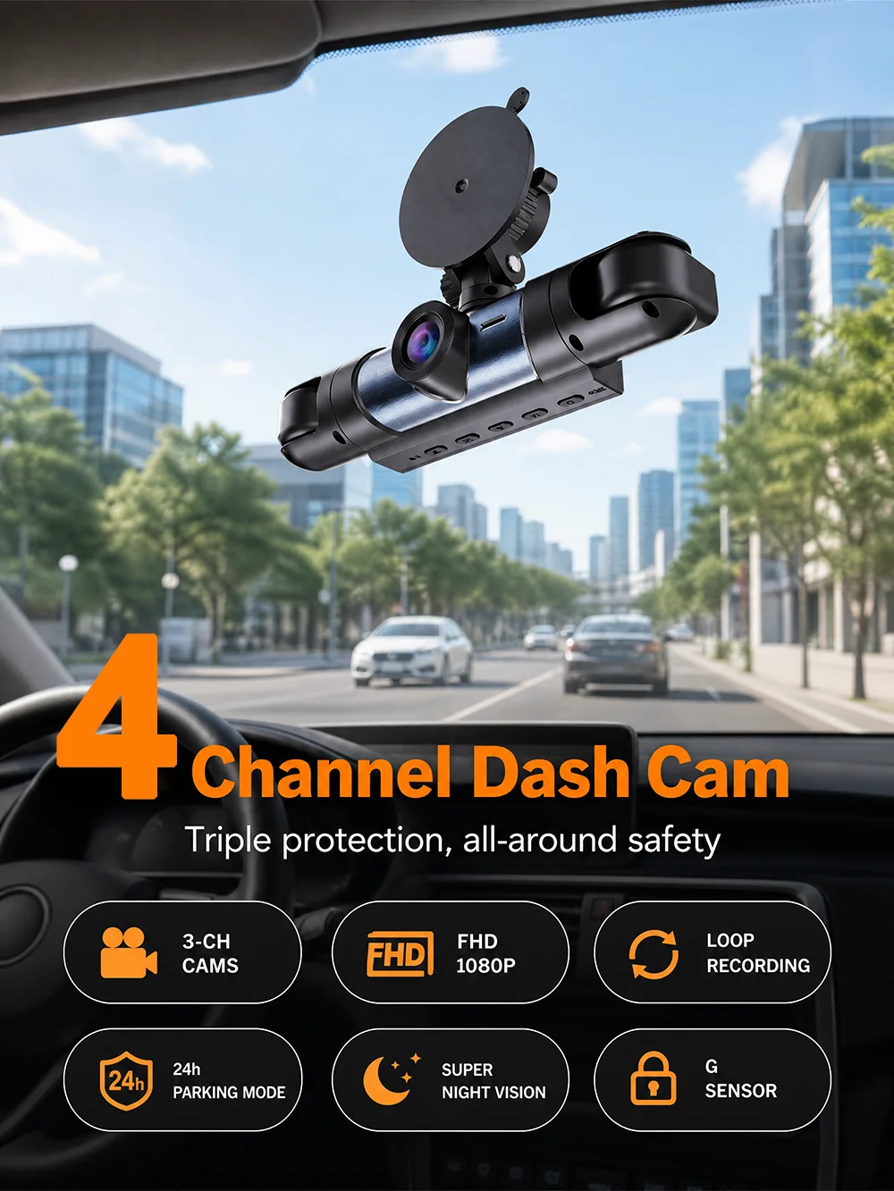 Auto-Fahrkamera HD 1080P 3/4-Kanal Dashcam Black Box mit eingebautem G-Sensor, Nachtsicht, Schleifenaufnahme, 24-Stunden-Parkmodus – Detail 4
