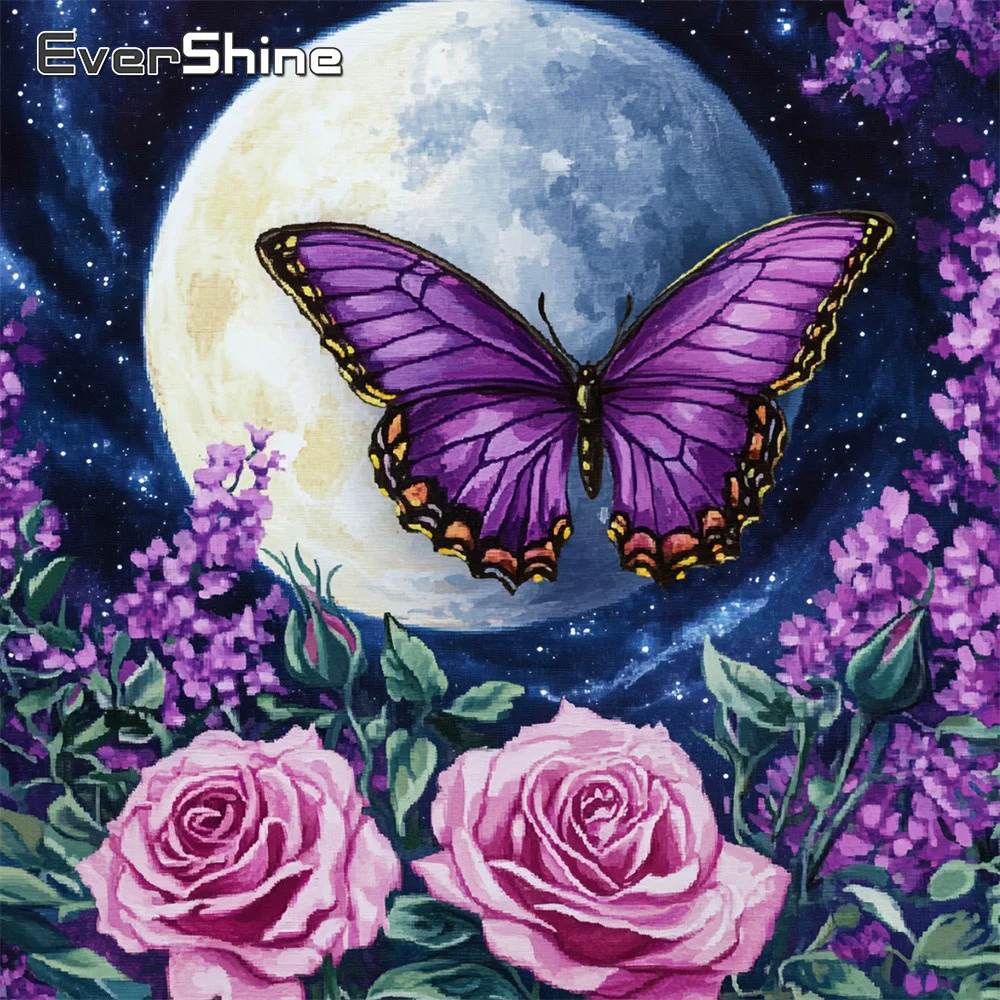 Evershine 5D Diamantmalerei Landschaft Vollflächiges Quadratisches Mosaik Rosenbild Strass-Stickerei Schmetterling Mond Wandkunst