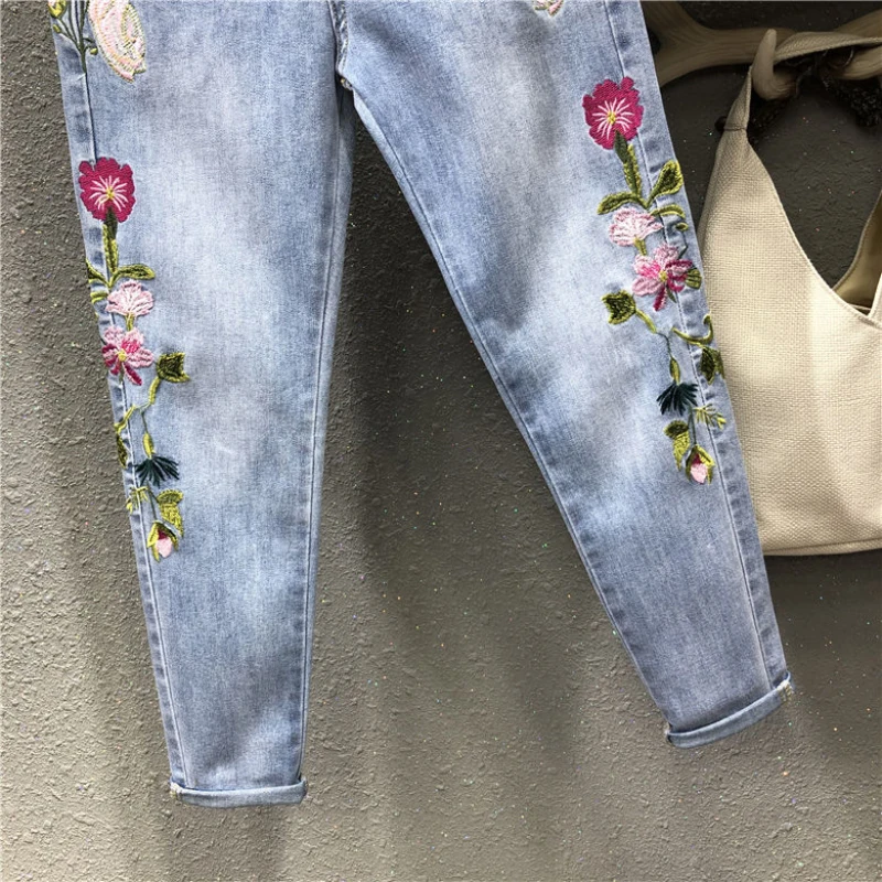 Jeans feminino, bordado de cintura alta, calça jeans harém casual, calça senhora vaqueiro, moda feminina, outono, nova, 2024