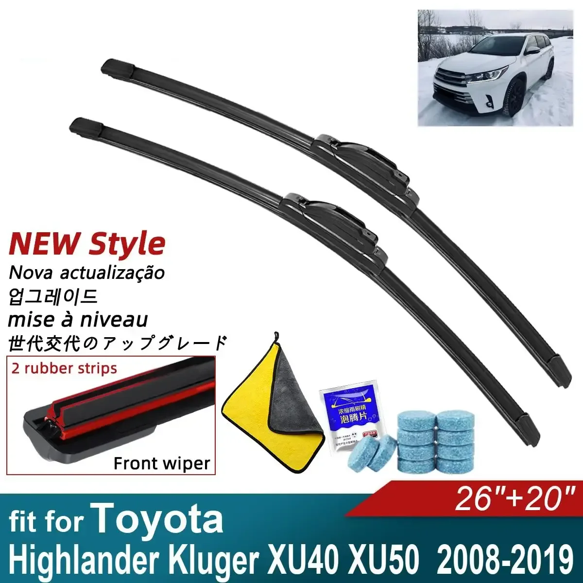 

Double Rubber Car Wiper Blades for 2008-2019 Toyota Highlander Kluger XU40 XU50 Front Rear Windscreen Windshield Car