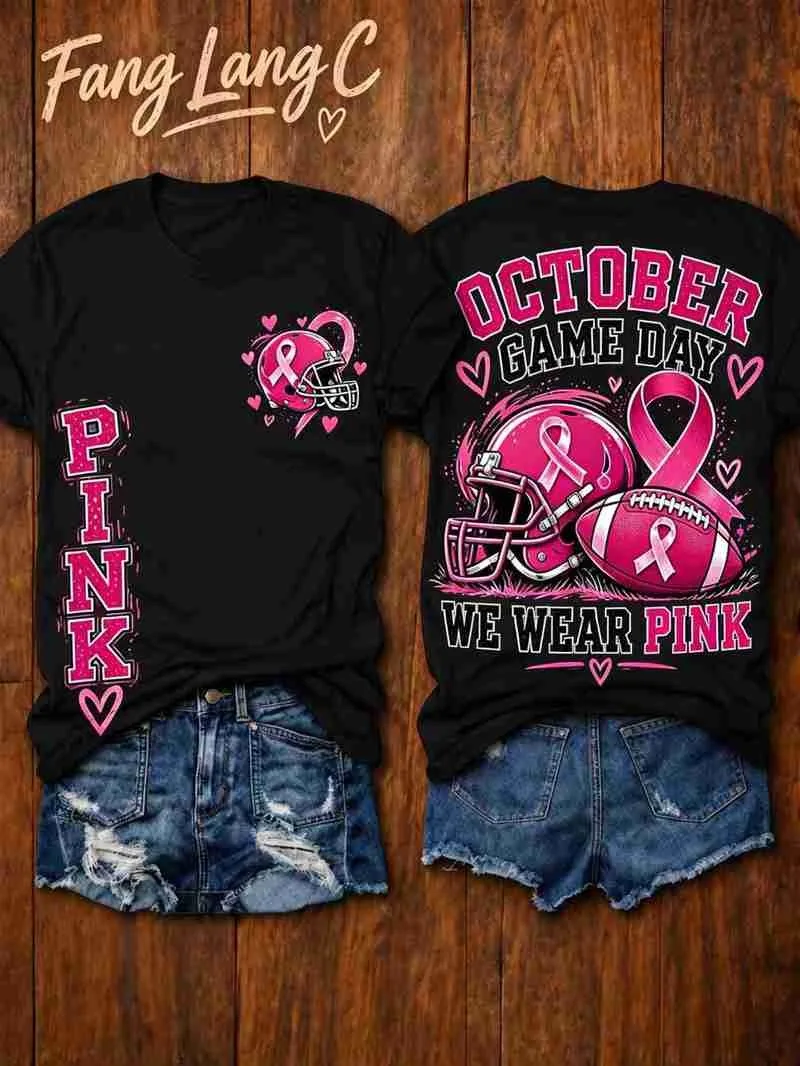 Rugby Helmet Pink Ribbon Love Print Women's T-shirt summer loose round neck short sleeved T-shirt casual sports women's clothing