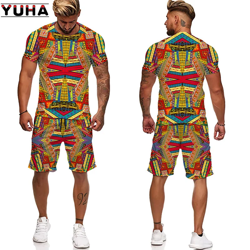 YUHA, set di t-shirt da donna/uomo con stampa 3D africana Africa Dashiki tuta da uomo/top/pantaloncini tuta sportiva e per il tempo libero estiva da