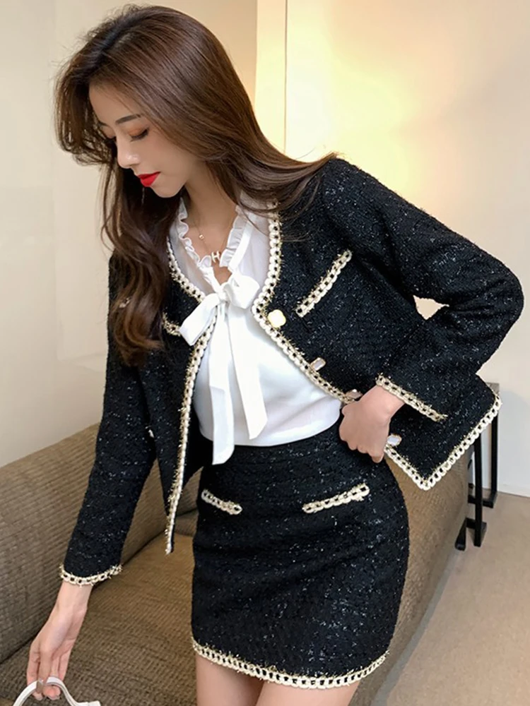 Spring Fashion Vintage Black Tweed 2 Pieces Outfit Women Professional Short Coat Tops Jacket Work Outwear Mini Skirt Sets Mujer