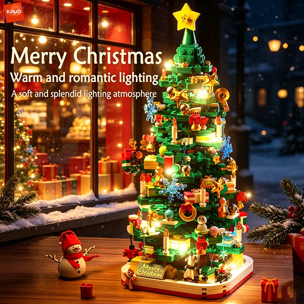 KAVOWORLD 1156PCS Christmas Tree Building Blocks with Lighting Kit Creative Xmas Table Decor Educational Assembly Toy for Family