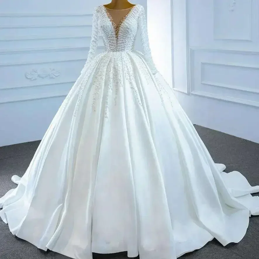 

Customized Spark Beads Ballgown Wedding Dress Sweep Train Vestidos De Novia Full Sleeves Corset Back Bridal Gown