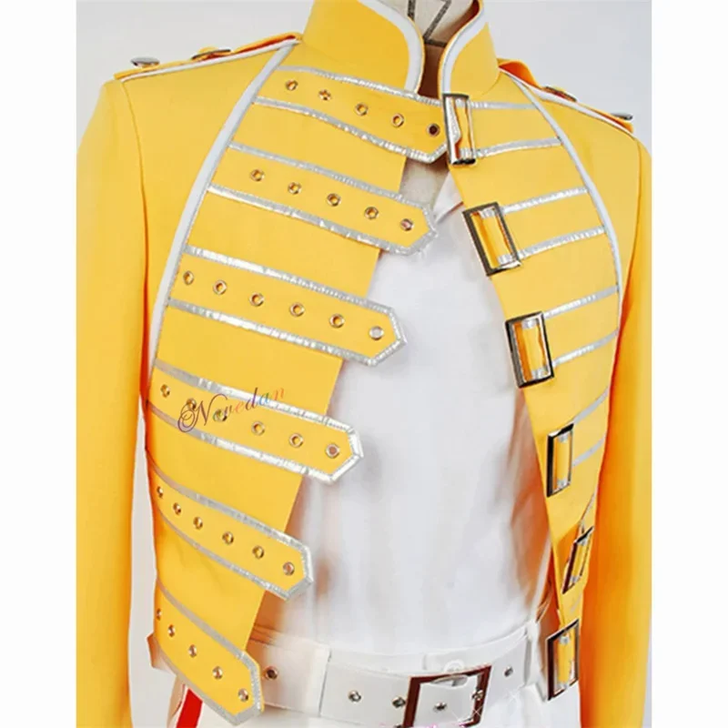 Queen Lead Vocals Freddie Mercury Cosplay Costume DJ Singer Ballroom Dance Stage Yellow Jacket Coat Shirt Pants Outfit Full Set