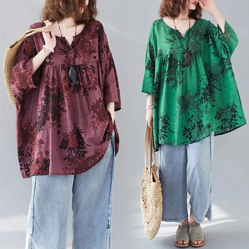 夏のファッション韓国スタイル V ネック半袖コットンリネンシャツ女性のルーズカジュアルソフト快適なプルオーバーレトロトップス