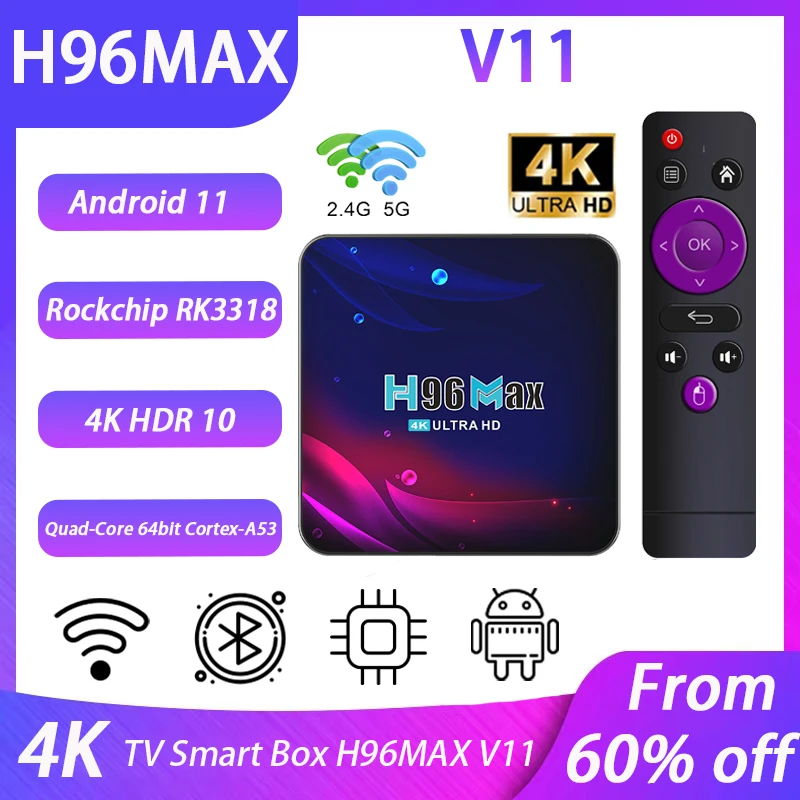 

H96Max V11 TV BOX 2.4G 5G Dual Wifi 4G 64G 4K Google 3D Video BT5.0 Android 11 Rockchip RK3318 Smart Set Top Box