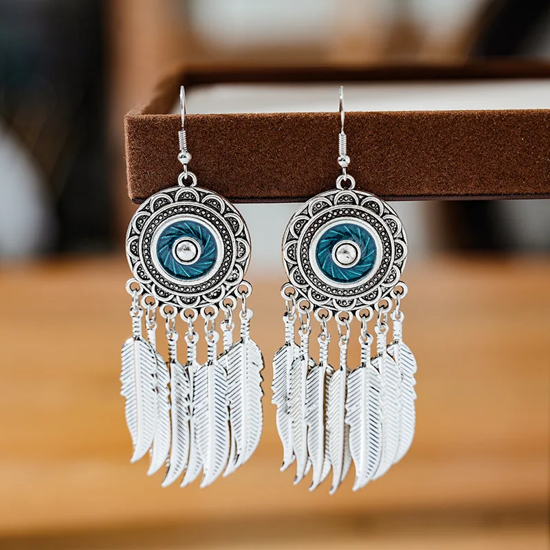 

Vintage Boho Drop Dangle Leaf Tassel Earrings For Women Ethnic Geometric Round Enamel Metal Antique Silver Color Female Jewelry