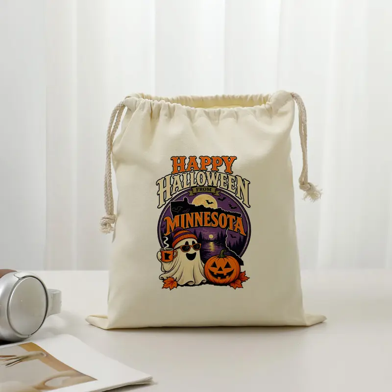 Minnesota Happy Halloween Drawstring Candy Bag Retro Ghost Pumpkin Bat Print Portable Canvas Trick or Treat Sweet Storage Pouch