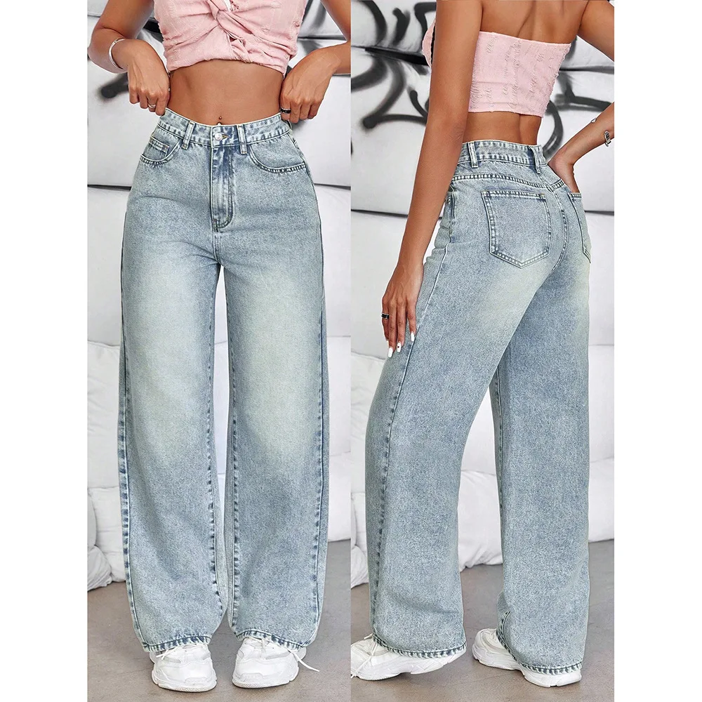 

Jeans Wide Leg Pants Women 2025 Streetwear High Waist Washed Distressed Pockets Vintage Full Length Denims Basis Trousers