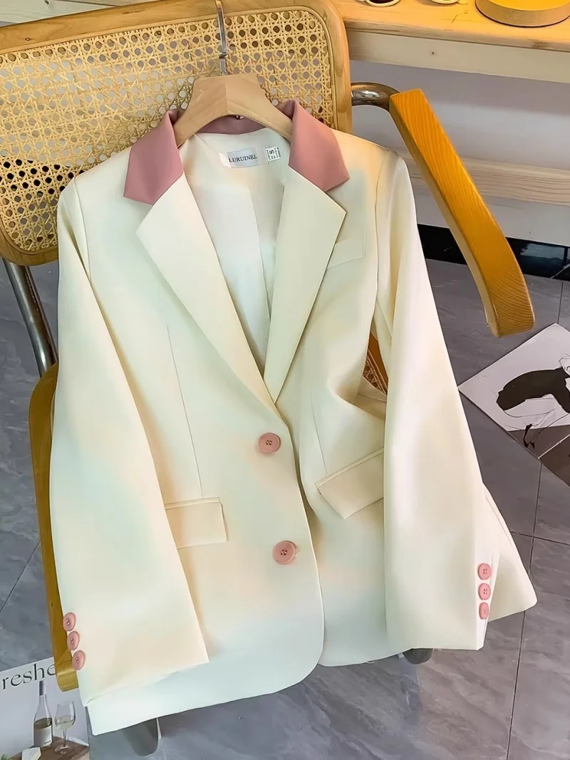 Korean Style Spring Blazer for Women | Pink Collar & Beige Color Block Jacket | Trendy Office Wear & Casual Chic Outerwear W2081