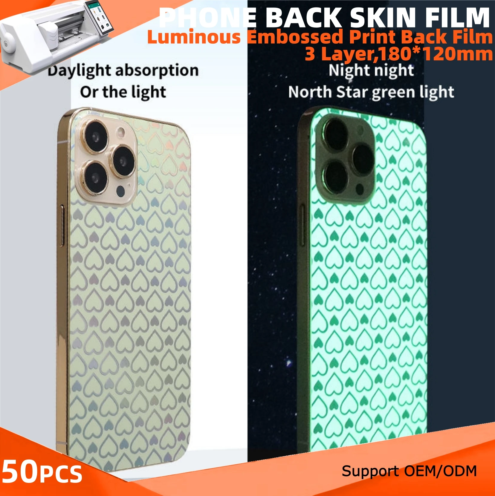 Luminous Embossed Print Phone Back Film for Cutting Machine Glow-in-the-Dark Decal Decorative Stickers Mobile Cover Rear Sheets