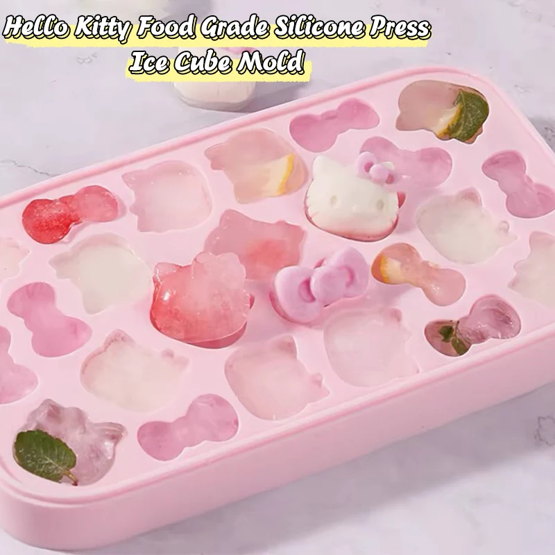 Kawaii Sanrio Hello Kitty Silicone Press Ice Tray Cartoon Food Grade Ice Cube Mold Home Refrigerator Ice Making Storage Box