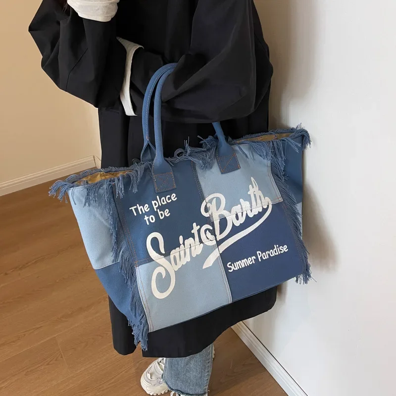 

2024 New Shoulder Bag European American Beach Large-capacity Shoulder Commuter Bag Handmade Fringed Denim Printed Tote Bag