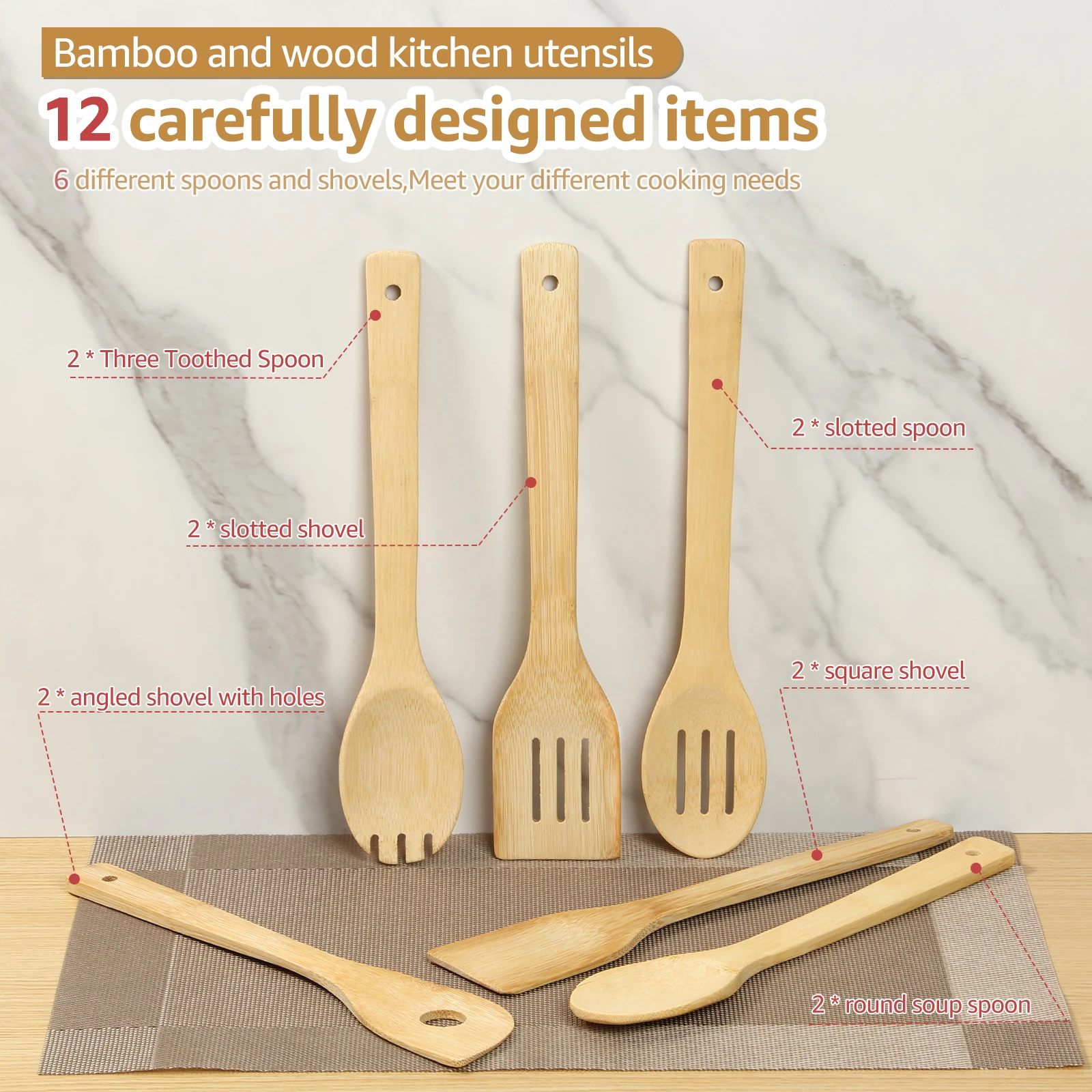 12 Pcs Bamboo Cooking Utensils Set Non Stick Bamboo Cooking Utensils Enduring Sturdy Kitchen Utensils Lightweight Easy to Clean