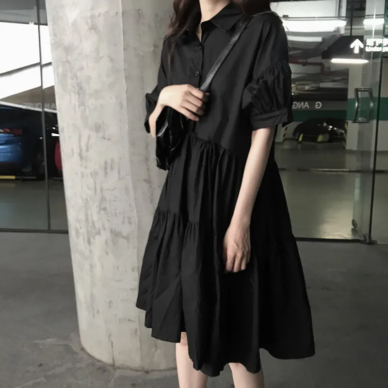 Summer New Sle plus Size Retro Bla Dr Women's Loose Meat Concealing ort Sve Dr  Collar High Waist A-Line S...