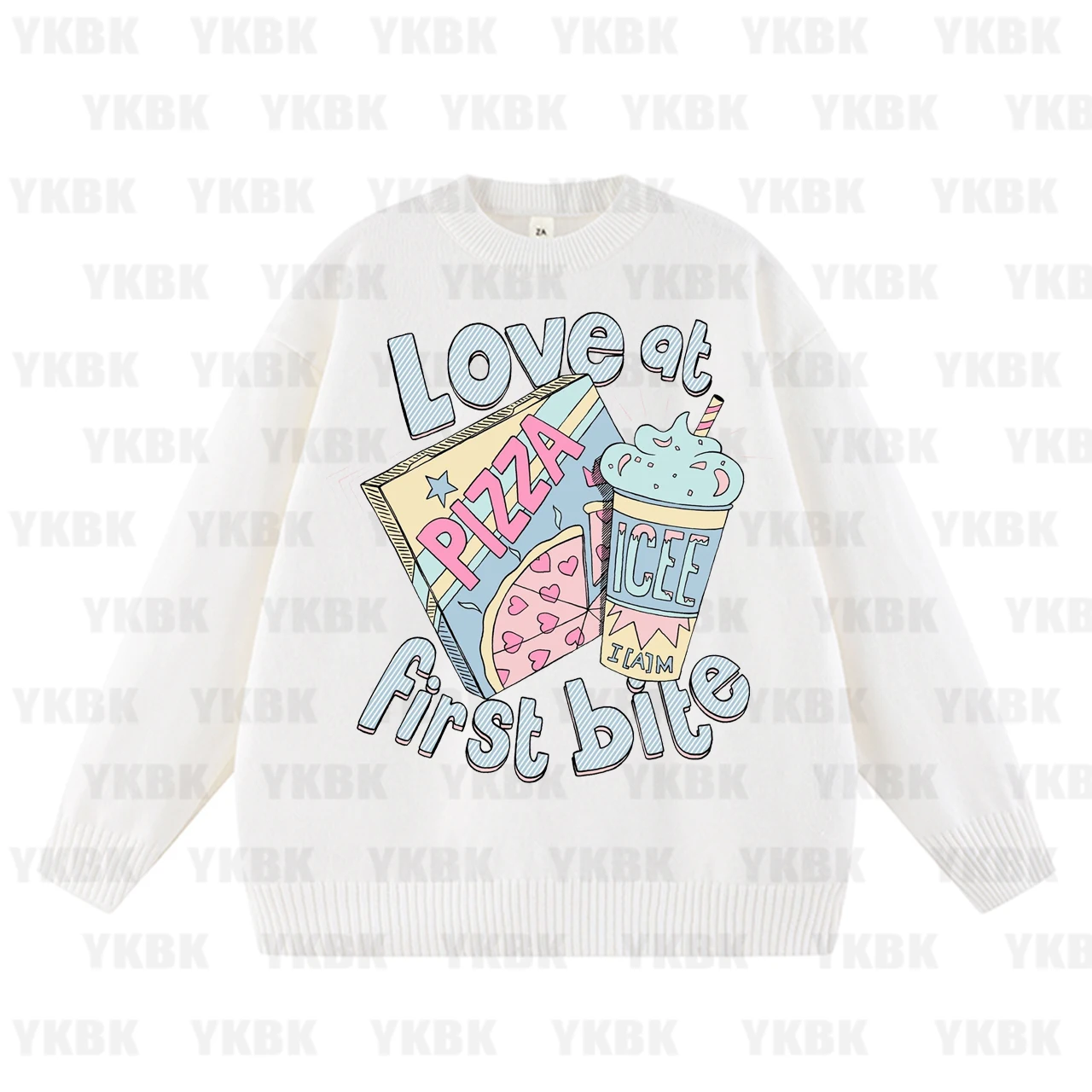 

Cute Y2k Inspired Graphic Sweater, Pizza & Icee Art with Sweet Slogan, Charming & Fashionable, Ideal for Playful Casual Outfits