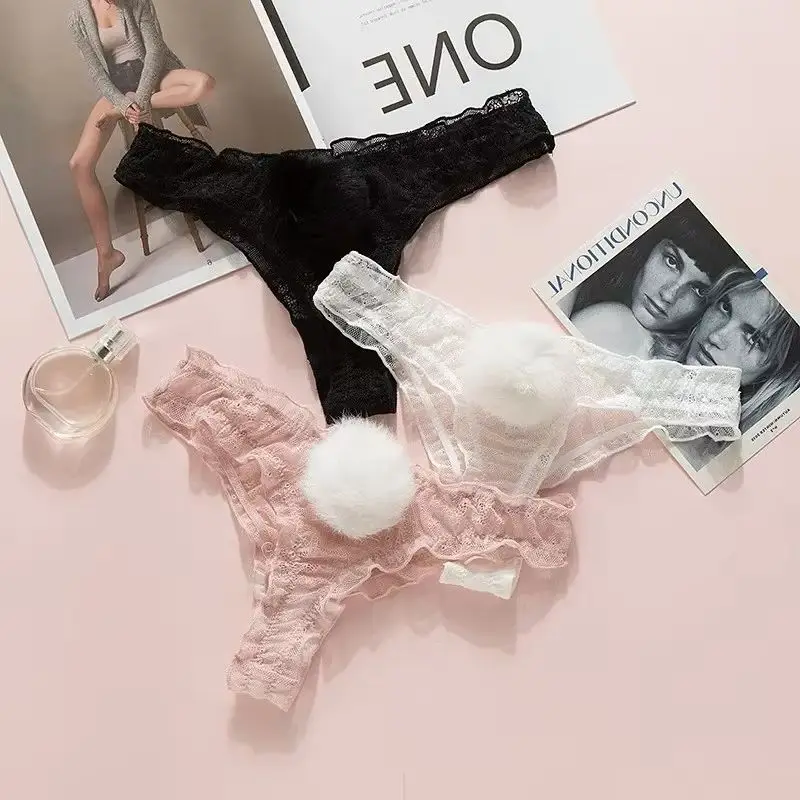 Bragas tipo Tanga de encaje de tiro bajo para mujer con dije de bola desmontable estilo Kawaii ropa interior ajustable accesorio de lencería Sexy