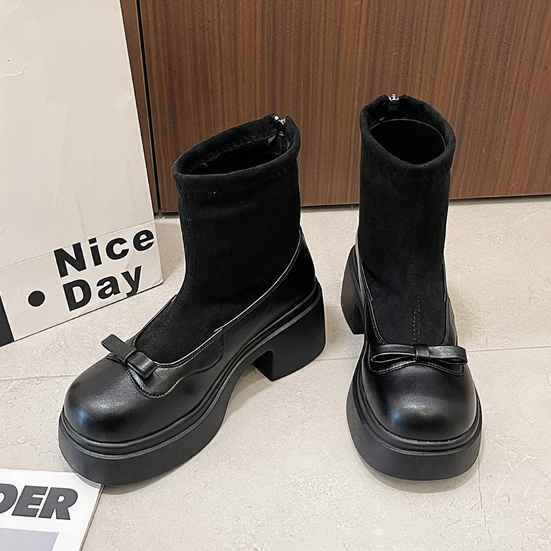 عالية الكعب القوس النساء الأحذية منصة أحذية امرأة موضة الفراء الثلوج الأحذية 2025 الشتاء أحذية مكتنزة رياضة عادية قصيرة بوتاس Mujer #2