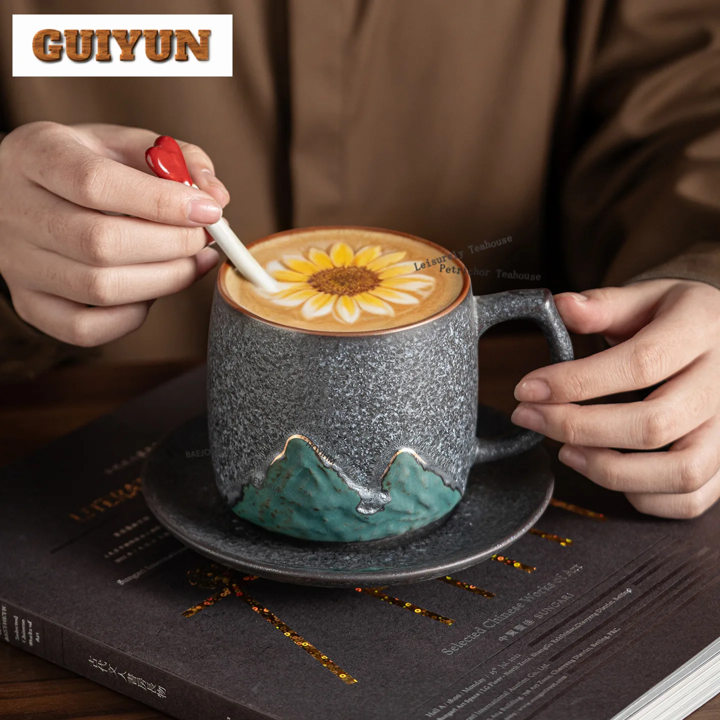 500ml Silver-spotted Glaze Hand-painted Mountains Coffee Mug With Plate Latte Cereal Mug Afternoon Tea Mug Cup Saucer Kit Teaset