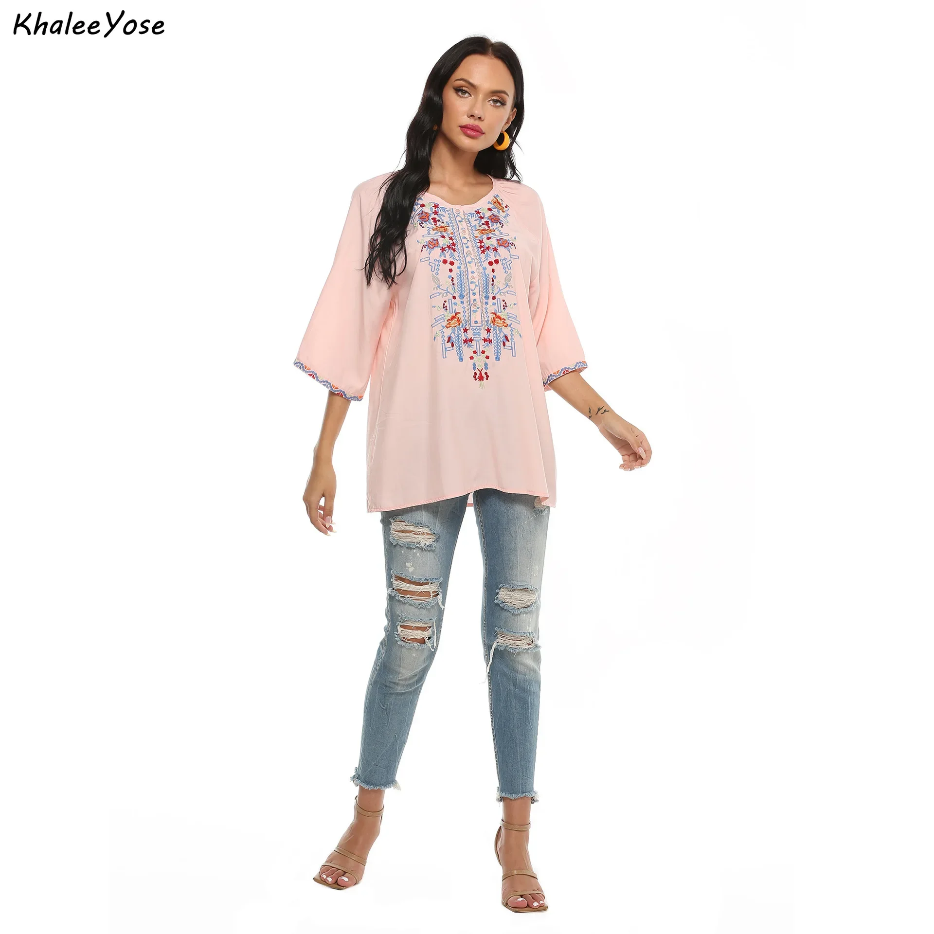 KHALEE YOSE Pink Floral Embroidery Blouses Shirt Cotton Boho Spring Mexican Shirt Flare Sleeve Women Front 3xl Ethnic Shirt