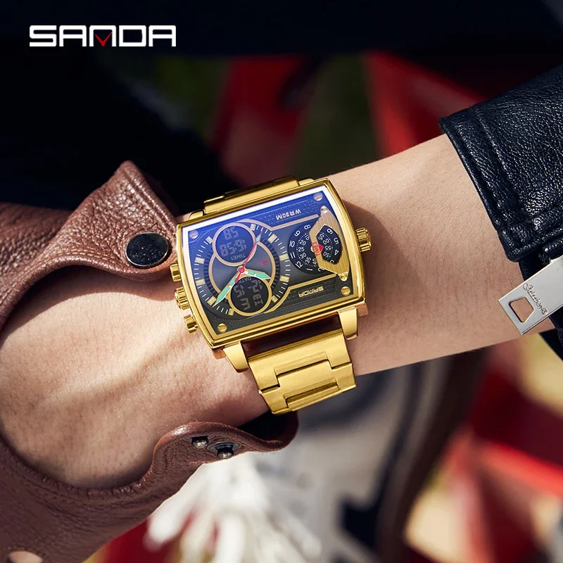 SANDA New Man's Watch Fashion Square Large Dial Unique Pattern Sports Multifunctional Student Electronic Watch Waterproof Watch