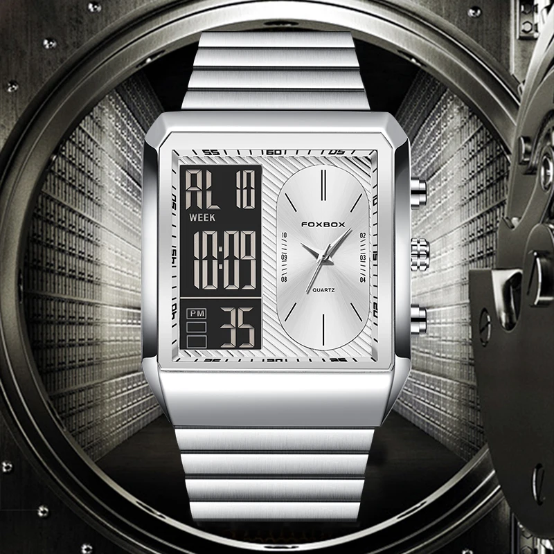 

FOXBOX электронные мужские часы модные деловые простые часы с ремешком из нержавеющей стали для мужчин повседневный спортивный будильник двойной цифровой дисплей часы