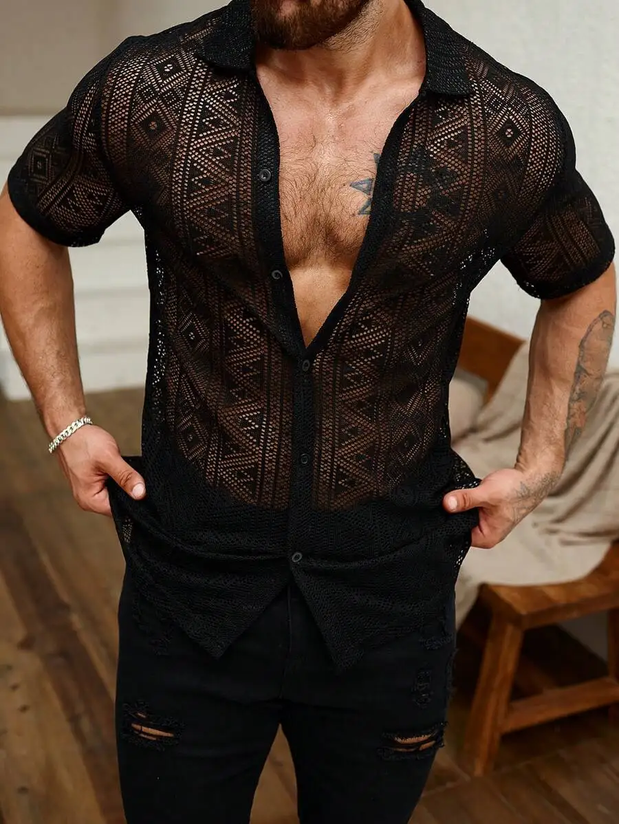 

Men's Black Geometric Mesh Short Sleeve Button-Up Shirt for Summer Casual Wear