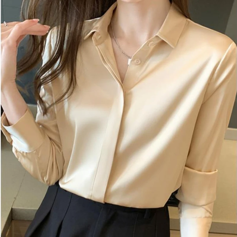 Professional Solid Acetate Satin Shirt 2022 Spring Autumn Korean Style Blouse Turn Down Collar Long Sleeve Elegant Casual Shirt