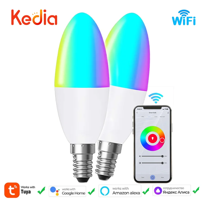 Tuya Wifi Smart Bulb E14 LED Candle Light Indooor RGB Dimmable Smart Life APP Control Work with Alexa Google Home Yandex Alice